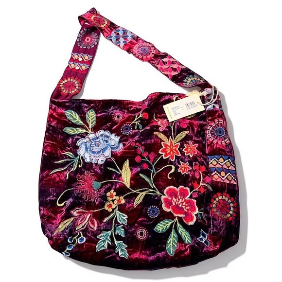 NWT Johnny Was Biya JWLA Cerise Burgundy Tote Velvet Embroidered Wide Strap Bag - Picture 3 of 8